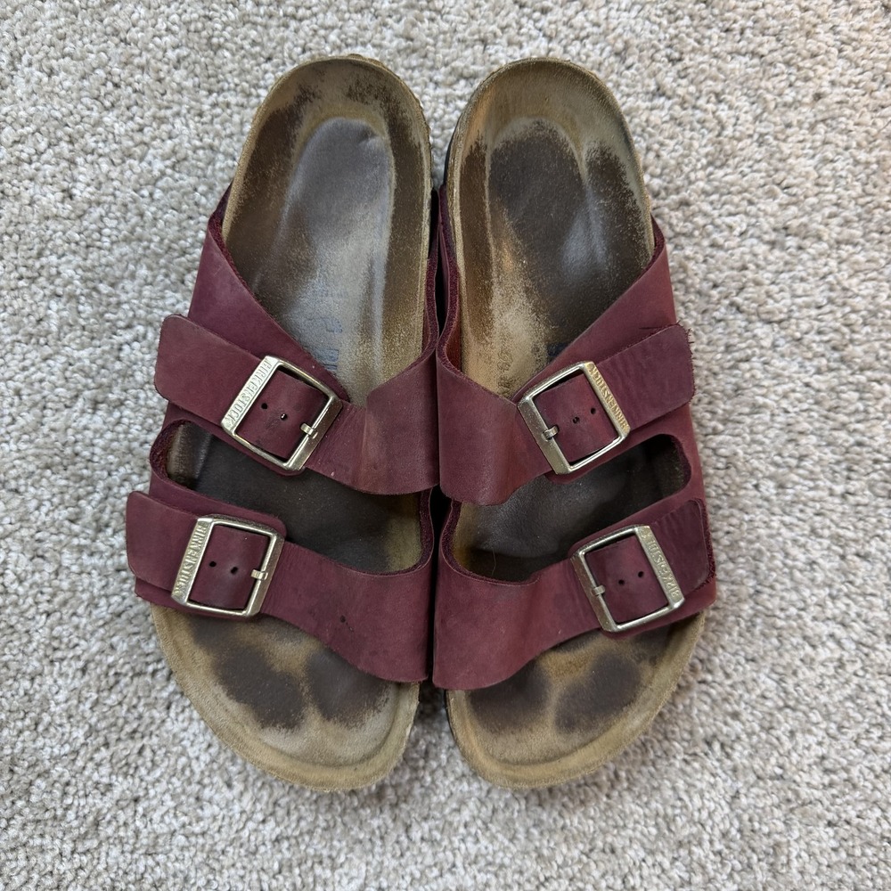 Birkenstock Arizona Sandals Womens Size 9 Red Leather Slide Buckle Comfort